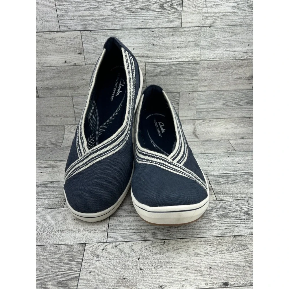Clarks Cloudsteppers Step Glow Slip Navy Blue Canvas‎ Flats Women Size 10M
